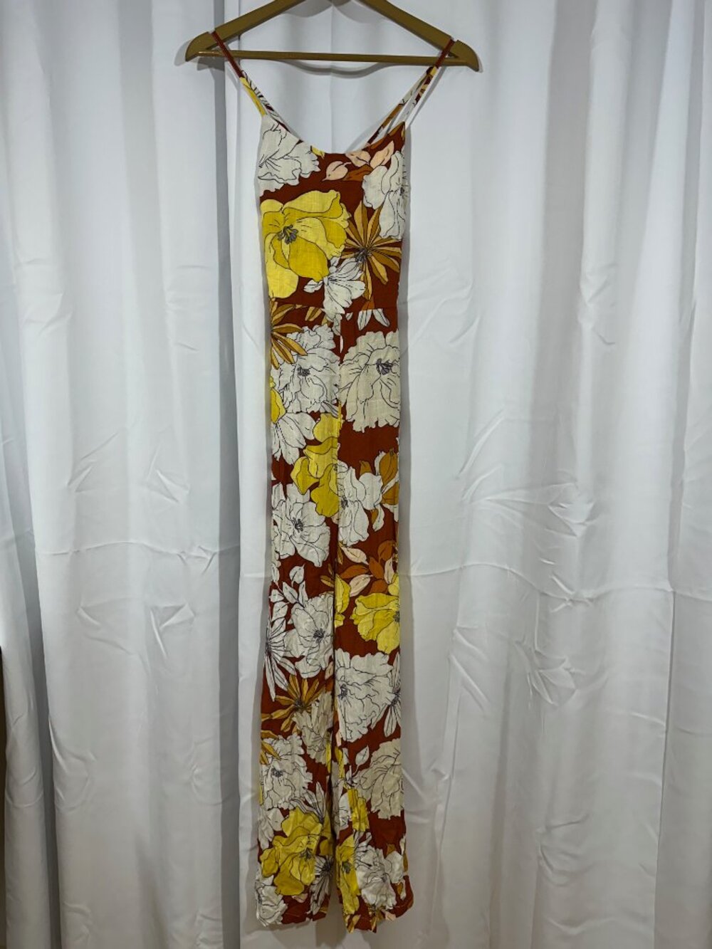 NWT Cupshe Floral Wide Leg Jumpsuit Medium Brown Yellow Rayon Resort
